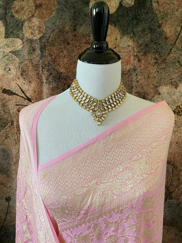 Banarasi Pure Chiffon Saree | Light Pink | Handwoven | Ships from California